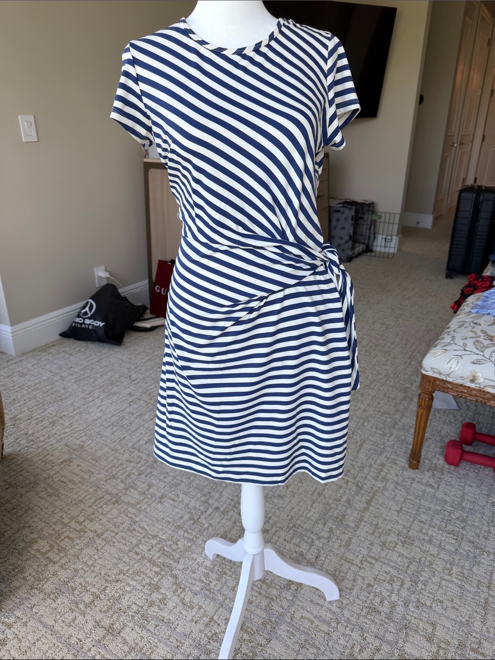 J. McLaughlin Navy and White Striped Tie-Detail Midi Dress